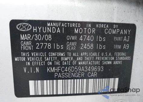 2009 Hyundai Azera Gls z USA, uszkodzony, nr VIN KMHFC46D59A349693